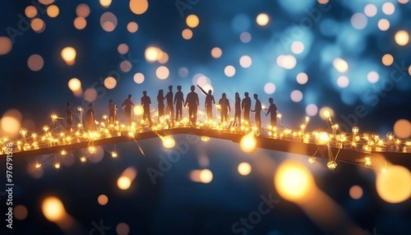 Obraz A group of people standing on a bridge surrounded by glowing lights against a dreamy, blue background.