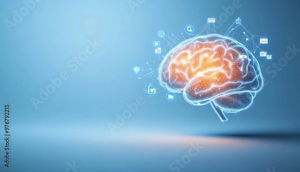 Obraz Digital brain illustration with glowing connections, symbolizing artificial intelligence, data processing, and futuristic technology concepts.