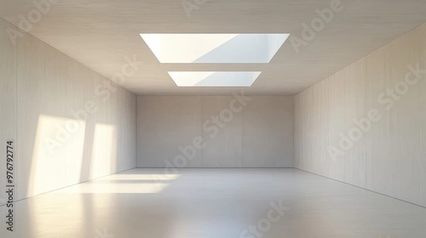 Fototapeta A large, empty room with a white ceiling and white walls