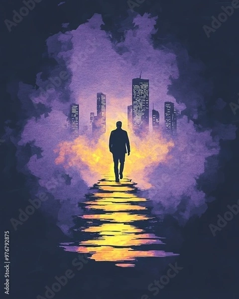 Obraz Silhouette of a man walking on a path of light towards a city with purple clouds. Artistic and moody scene.