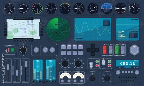 Obraz A set of control panel elements. Various measurement sensors. Aircraft, rotorcraft, station control. Various switches, buttons, measuring devices. Vector illustration