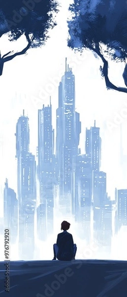 Obraz Silhouette of a person sitting under trees, gazing at a futuristic cityscape in the distance, evoking a sense of wonder and futuristic dreams.
