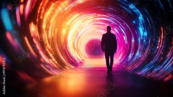 Obraz Silhouette of a person walking through a vibrant, futuristic tunnel with colorful lights, creating a sense of journey and exploration.