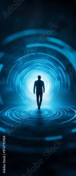 Obraz Silhouette of a person walking towards a bright, glowing tunnel symbolizing the concept of future, technology, and digital transformation.