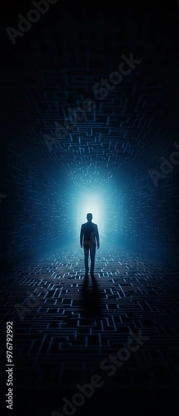 Obraz Silhouette of person standing in dark tunnel illuminated by a bright blue light, symbolizing hope, mystery, and exploration.