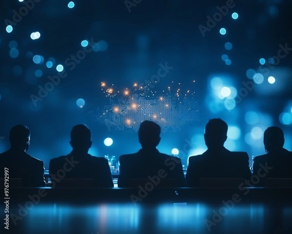 Obraz Silhouetted business professionals in a dimly lit room with glowing blue lights in the background, emphasizing teamwork and corporate synergy.