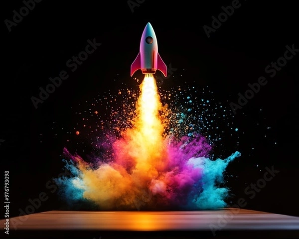 Obraz Vibrant multicolored rocket launch against black background, showcasing bursting colors and creative explosion effect.