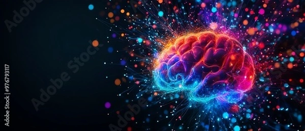 Fototapeta Vibrant illustration of a human brain with colorful neural pathways, symbolizing creativity and intelligence on a dark background.