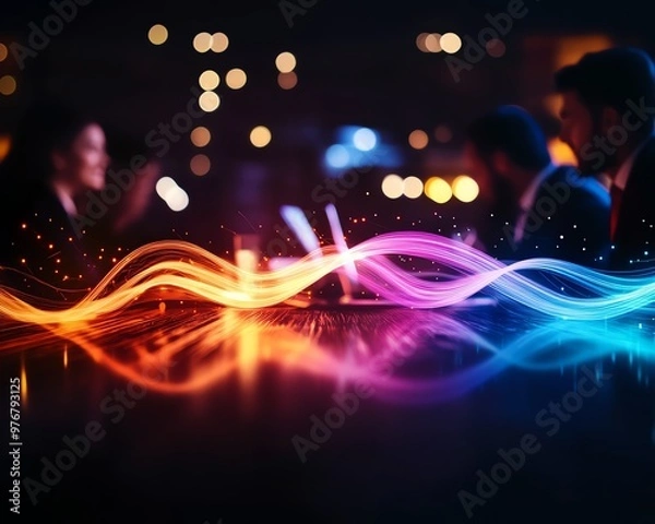 Obraz Vibrant nightlife atmosphere with abstract colorful light trails and people enjoying socializing in a modern bar setting.