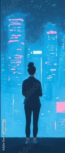 Obraz Woman in business attire gazing at a futuristic neon-lit cityscape from a high vantage point, representing ambition and future possibilities.
