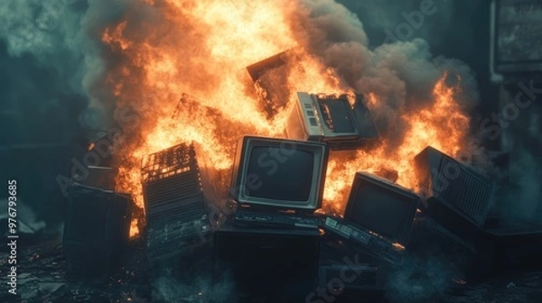 Fototapeta Pile of Old Computers and E-Waste on Fire, Smoke Rising into the Sky