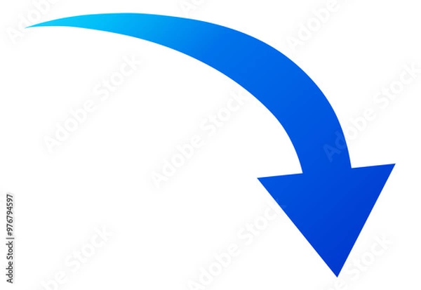 Obraz 矢印　下向き　下がる　ダウン　右肩下がり　落ちる　急下降　値下げ　素材　あしらい　パーツ　シンプル　暴落　急落　下落　不況　成績　業績　学力　価格　物価　売上　株式　資産　営業　マーケット　貯金　給料　斜め　白背景　白バック　透過