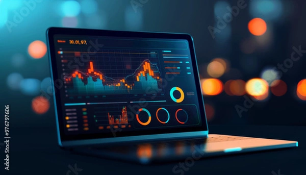 Fototapeta Laptop Showing Stock Market Data on Screen with Bokeh Lights