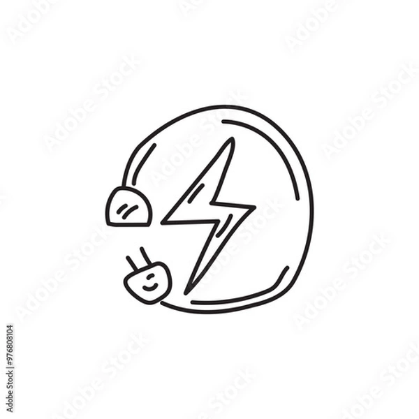 Fototapeta Hand drawn doodle of lightning bolt in circle with two plugs. Concept of energy, power, electricity, connection.