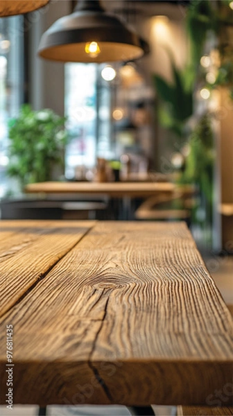 Fototapeta Warm Industrial Cafe Ambience with Natural Wooden Table Focus generate AI