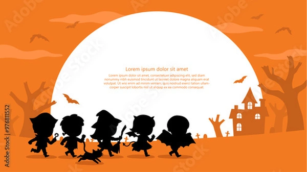 Obraz Silhouette of Children dressed in Halloween costumes to go Trick or Treating with a cat. Halloween costume kids in spooky holiday. Template for advertising brochure.