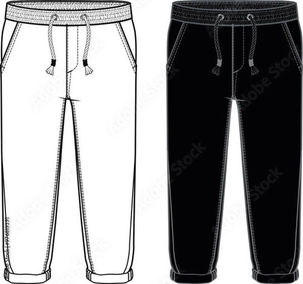 Fototapeta SWEATPANTS design template flat sketch. Elastic waist sweatpants vector illustration.