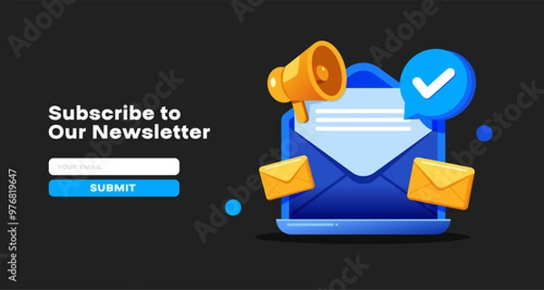 Fototapeta Vector illustration of a newsletter subscription form with an envelope, megaphone, and submit button. Ideal for web and app designs, promoting email subscriptions and digital marketing campaigns