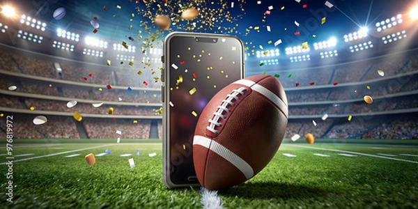 Fototapeta Mobile phone displaying sports betting app with football field background, confetti, and football s, betting, sports, mobile phone