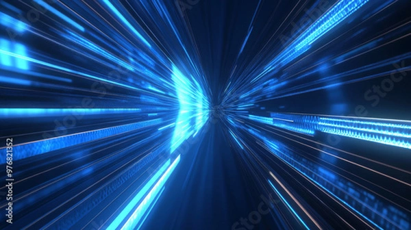 Fototapeta Abstract background featuring fast-moving blue light and arrows, creating a dynamic digital effect.