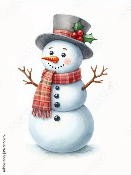 Obraz Cute cartoon snowman on white background. AI