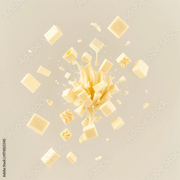 Fototapeta White chocolate cubes exploding in the air with splash of melted chocolate