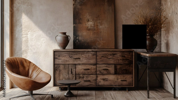 Fototapeta Wooden antique cabinet with ornate details, perfect for a classic living room interior