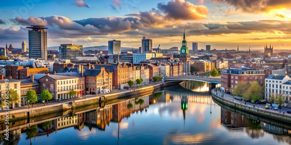 Fototapeta Dublin, Ireland city skyline created with Generative technology, Dublin, Ireland, city skyline, Generative AI