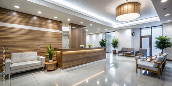 Fototapeta Modern clinic reception and waiting room with stylish design elements, clinic, reception, waiting room, modern