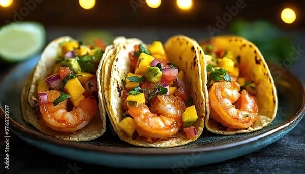 Obraz A plate of fusion crispy shrimp tacos with mango salsa, served on a sleek white plate, bustling street food market with colorful signage and lights, minimalistic style, realistic,