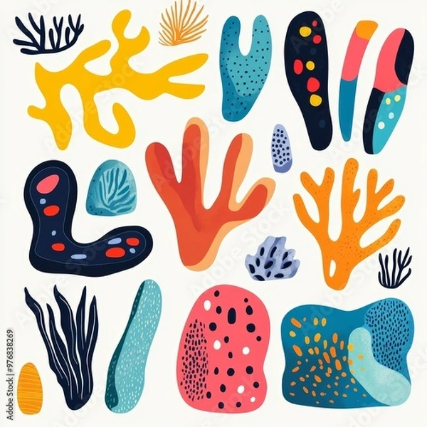 Fototapeta Abstract Coral Reef Illustration  Colorful Sea Life Shapes   Hand Drawn Ocean Elements