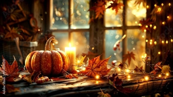 Fototapeta Autumn decoration with a pumpkin, colorful leaves, and a glowing candle on a rustic wooden table