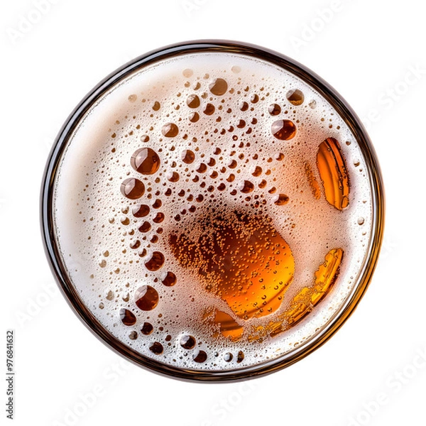Fototapeta Top view of a frosty glass of amber colored beer with a creamy  foamy head against a transparent background