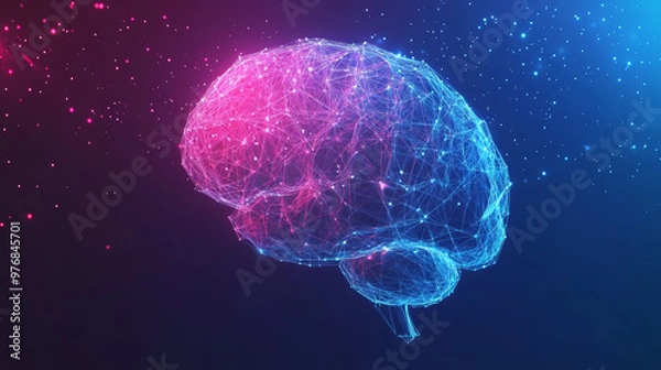 Obraz Abstract low-poly digital human brain. Represents neural networks and IQ testing, with artificial intelligence and virtual emulation in science and technology. Conceptualizes brainstorming and idea.