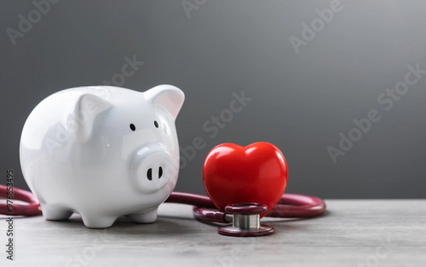 Fototapeta white piggy bank, a stethoscope, and a red heart are placed on a table. The image symbolizes the connection between financial planning, health care, and well-being.