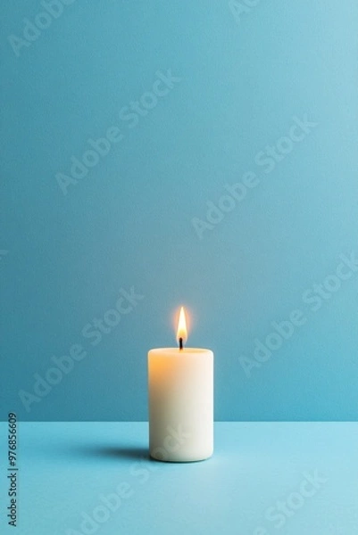 Fototapeta burning white candle on blue background