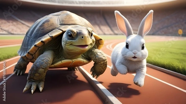 Fototapeta Turtle and rabbit on a running track 3D image 