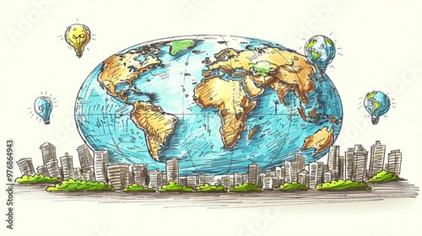 Obraz Illustrative Globe With Continents and Cities Surrounded by Floating Light Bulbs in Vibrant Colors