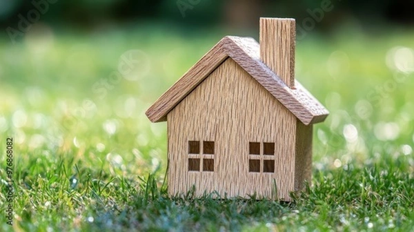 Fototapeta Wooden House Model in Green Grass   Homeownership  Real Estate  and Nature Concept