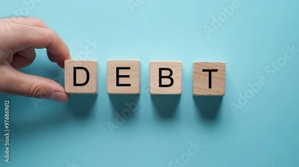 Fototapeta Debt word wooden block on light blue background for loss and balance sheet concept.