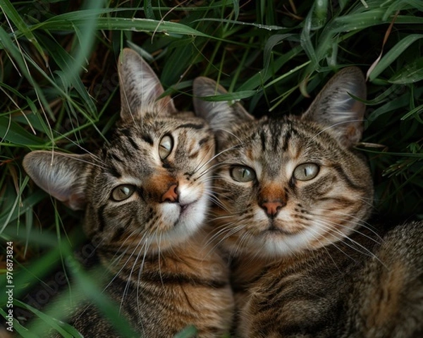 Fototapeta Two cats cuddling in the grass. AI.