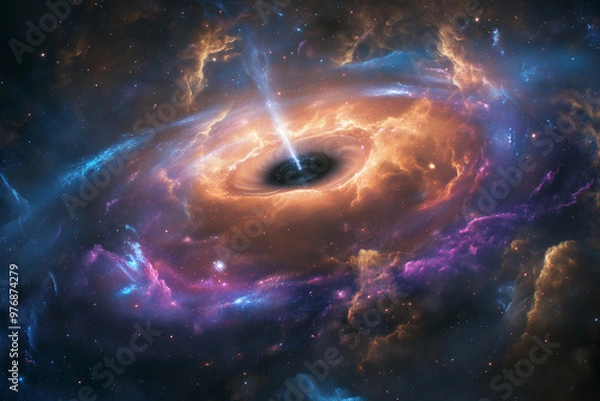 Fototapeta A breathtaking and vivid illustration of a cosmic supermassive black hole at the center of a galaxy, surrounded by swirling, luminous clouds of gas and dust