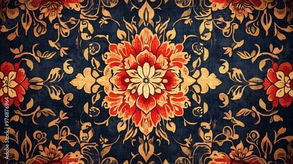 Fototapeta Central Thai Sin fabric, inspired by ancient patterns, detailed weaving, intricate floral designs, hypereal, high quality, sharp images, graphic illustration