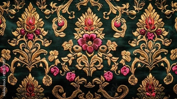 Fototapeta Central Thai Sin fabric, inspired by ancient patterns, detailed weaving, intricate floral designs, hypereal, high quality, sharp images, graphic illustration