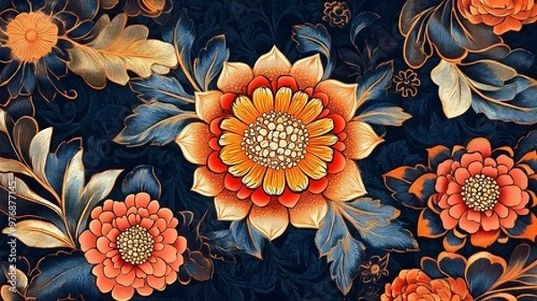 Fototapeta Central Thai Sin fabric, inspired by ancient patterns, detailed weaving, intricate floral designs, hypereal, high quality, sharp images, graphic illustration