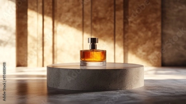 Fototapeta A luxury perfume bottle on a sleek 3D display stand, soft lighting in a minimalistic setting.