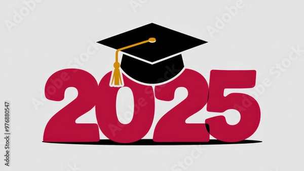 Fototapeta A vibrant red illustration of the year "2025" with a graduation cap on top of the "5". The cap is black with a gold tassel. The background is white.