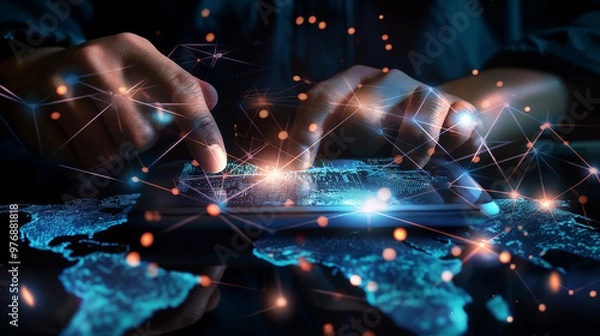 Fototapeta Smartphone with Glowing World Map and Network Connections