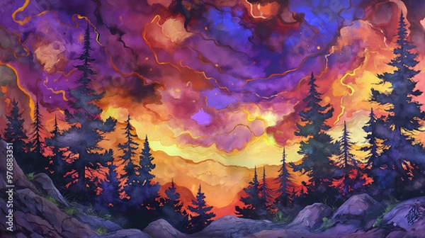 Obraz Vibrant Sunset Over Forest with Silhouetted Trees