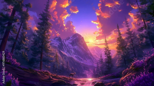 Obraz Vibrant Sunset Over Forest with Silhouetted Trees